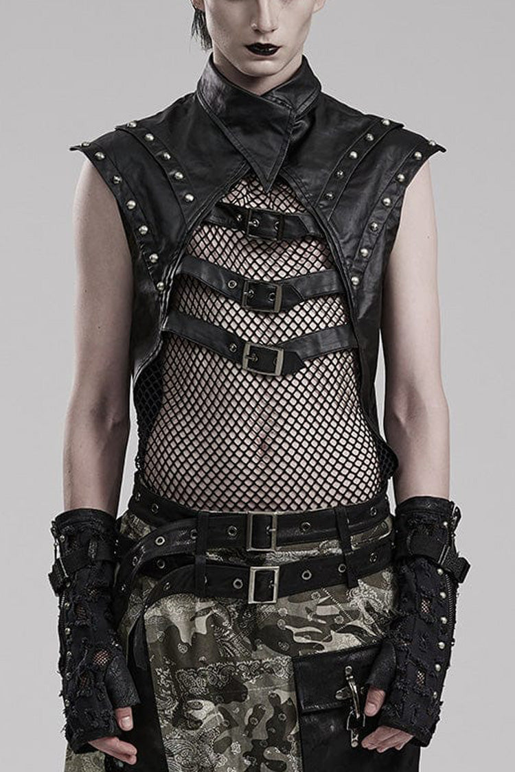 Black Faux Leather Stitching Mesh Sheer Metal Rivets Mens Steampunk Vest