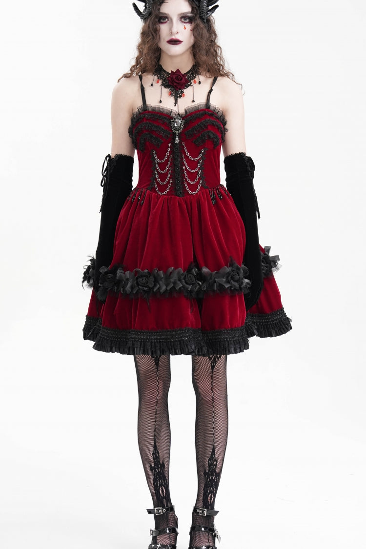 Red Chain Ruffle Lace Women's Gothic Slip Dress