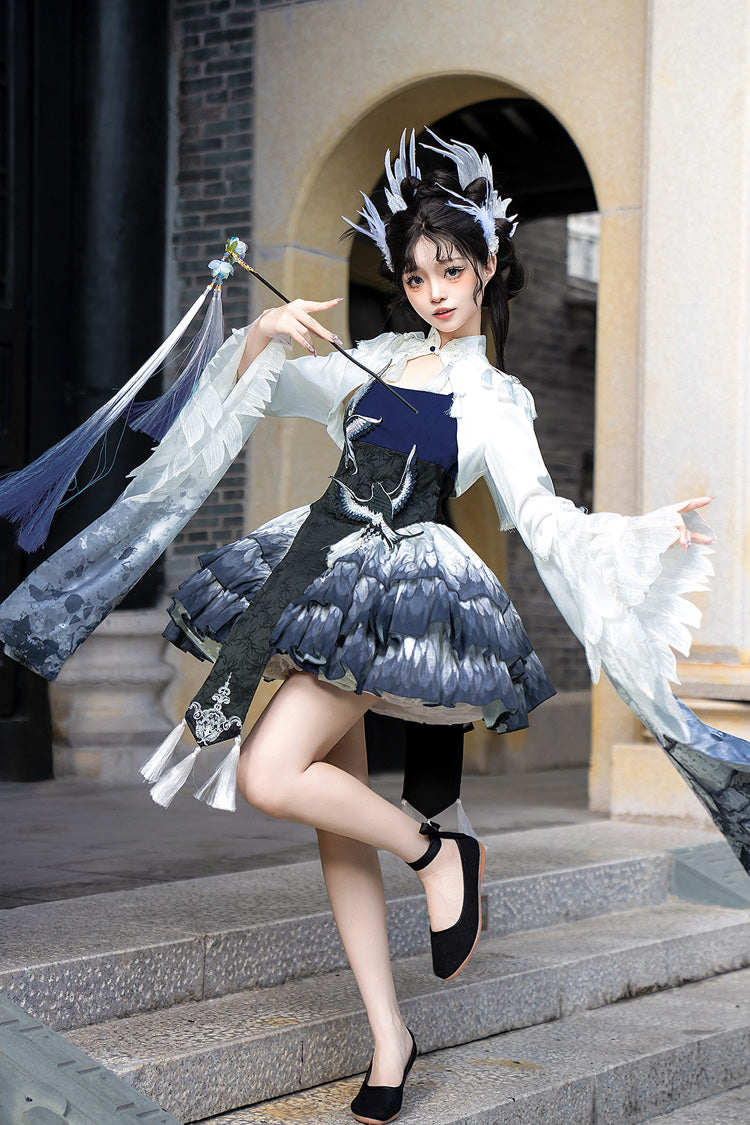 Dark Blue [Feathered Finch] Multi-Layered Print Ruffle Classic Chinese Style Lolita Jsk Dress Set