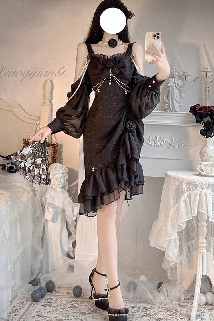 Camellia Rose Ruffle Asymmetric Gothic Chinese Style Elegant Lolita Jsk Dress 3 Colors