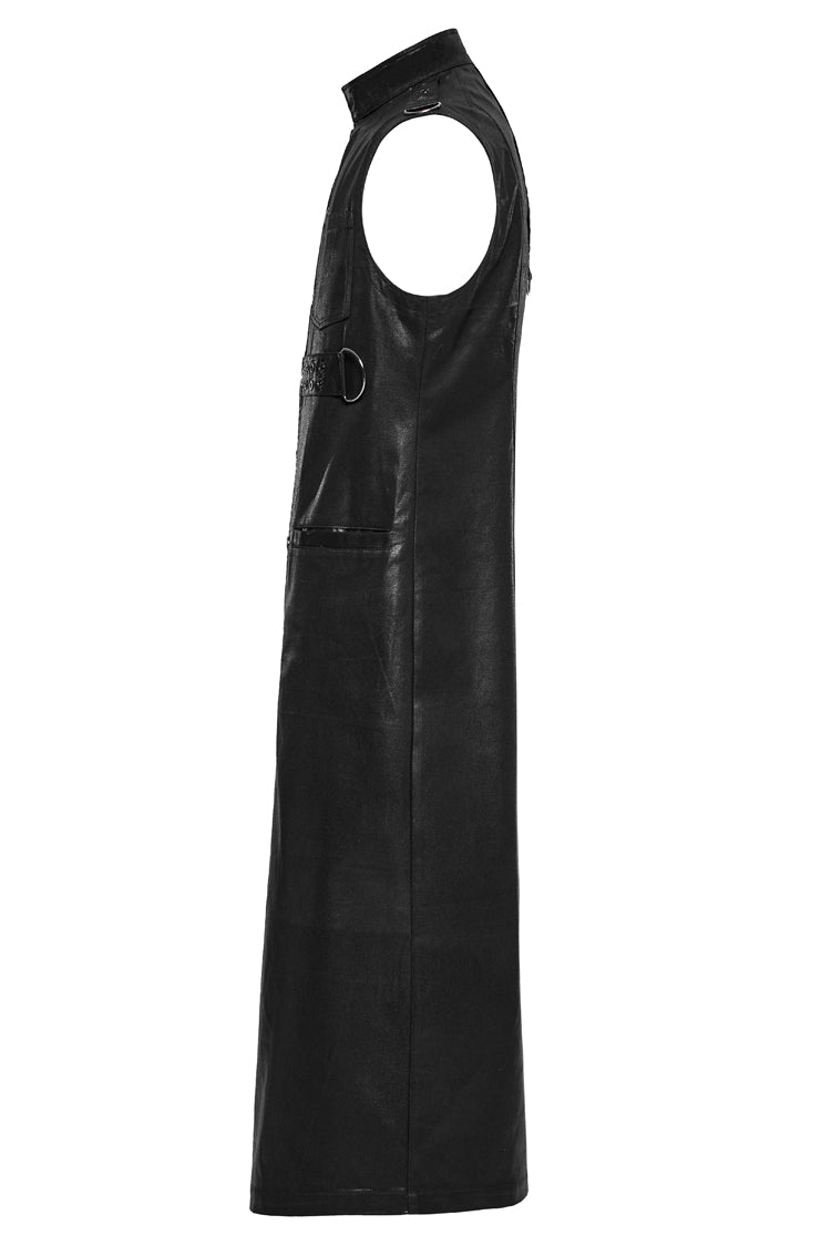 Black Stand Collar Sleeveless Faux Leather Men's Punk Long Vest