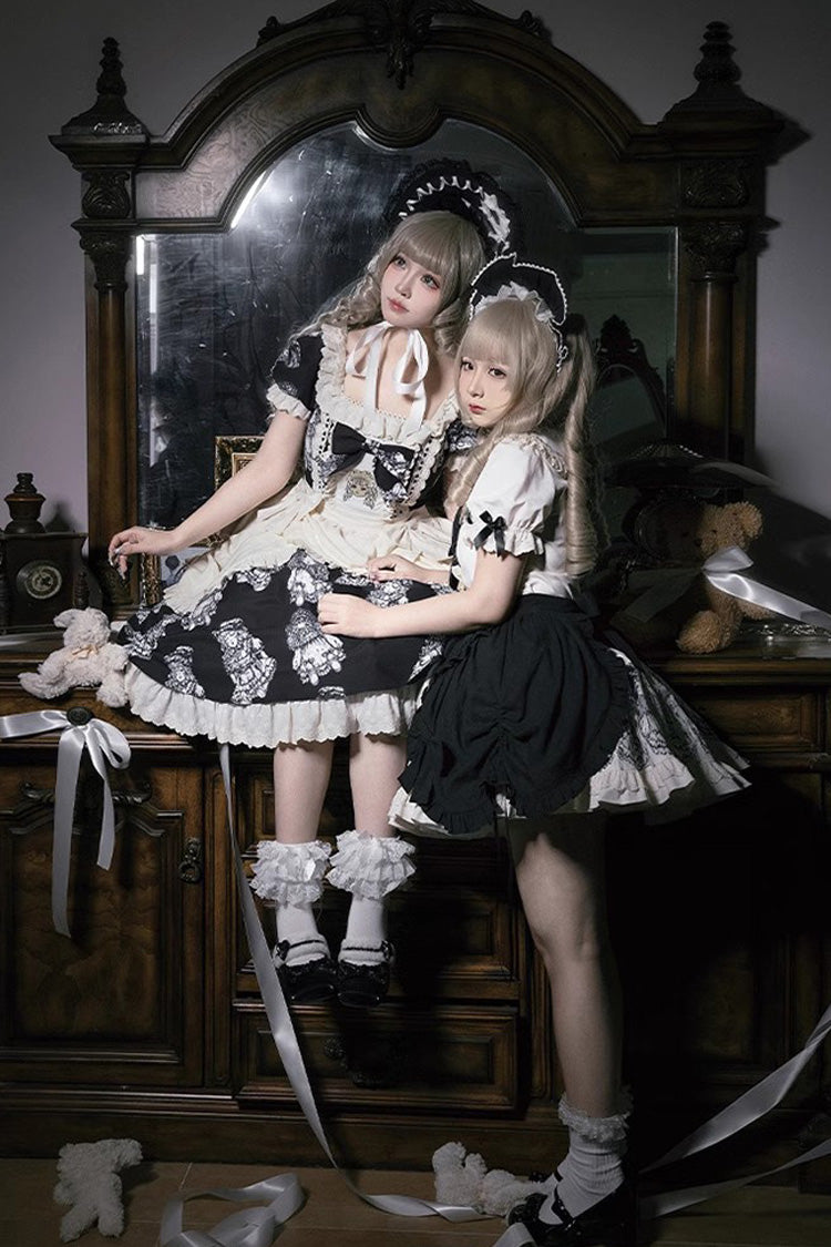 Doll Night Short Sleeves Print Ruffle Embroidery Bowknot Gothic Lolita Dress 2 Colors