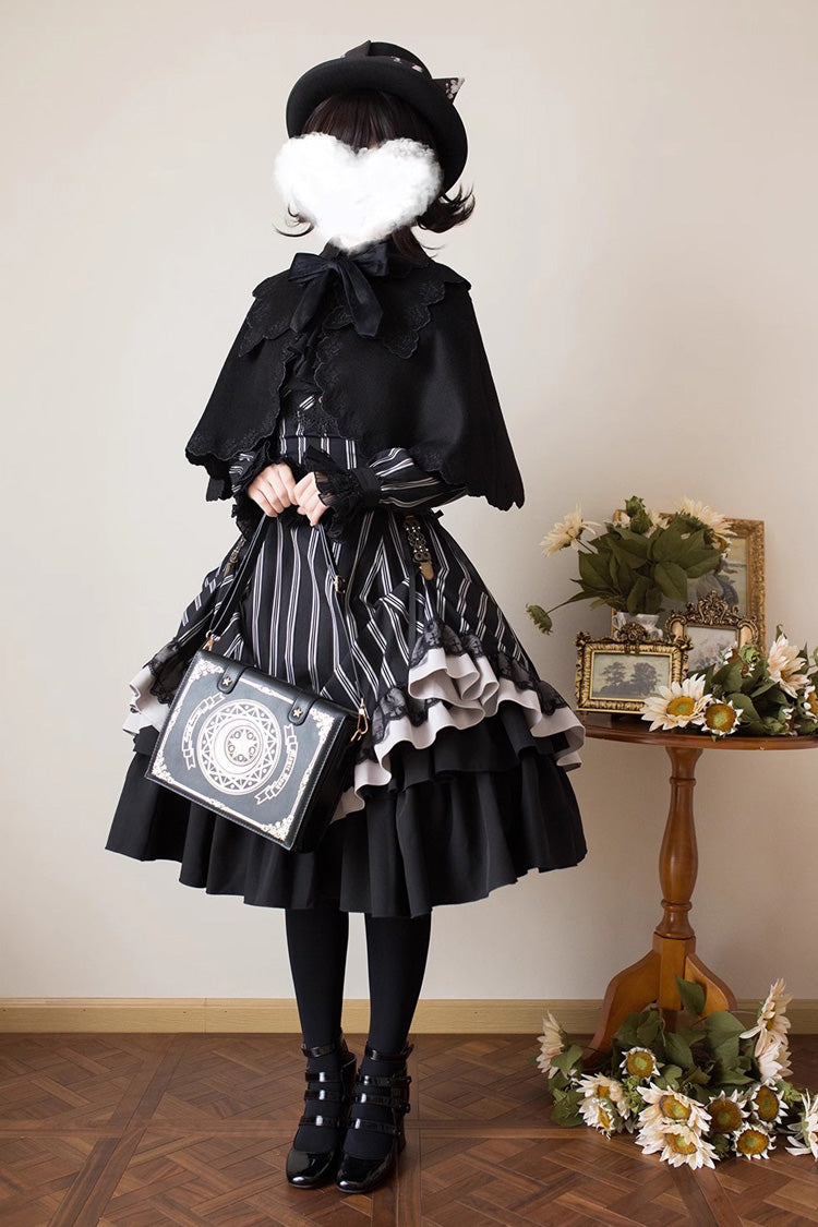 Black Stand Collar Long Sleeves Multi-layer Striped Print Ruffle Gothic Lolita Dress