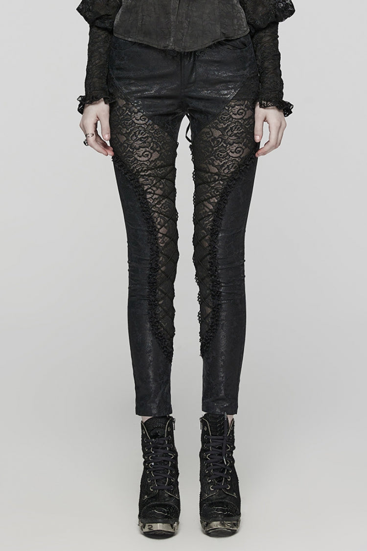 Schwarze, schmale Gothic-Leggings mit Spitzenbesatz und Print