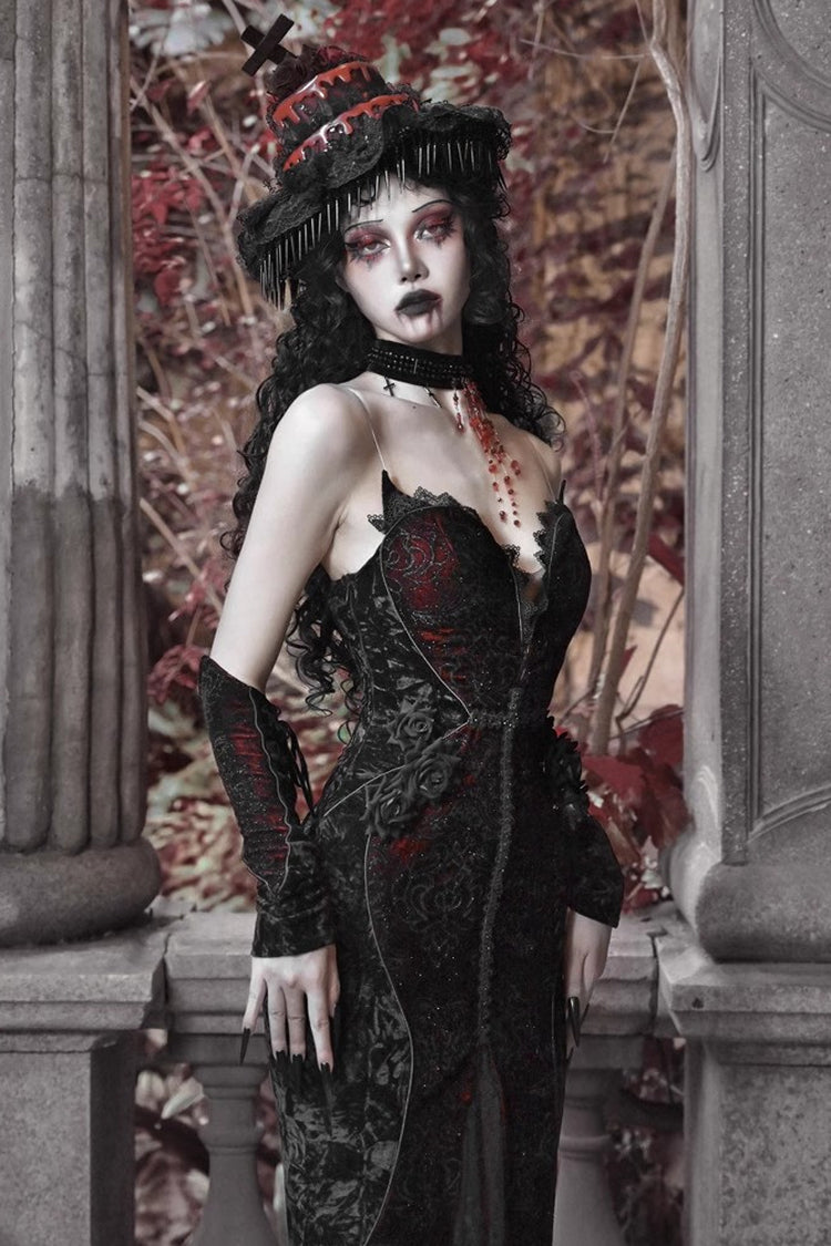 Black/Red [Scarlet Blood Peak] Sleeveless High Waisted Ruffle Embroidery Lace Gothic Lolita Fishtail Dress