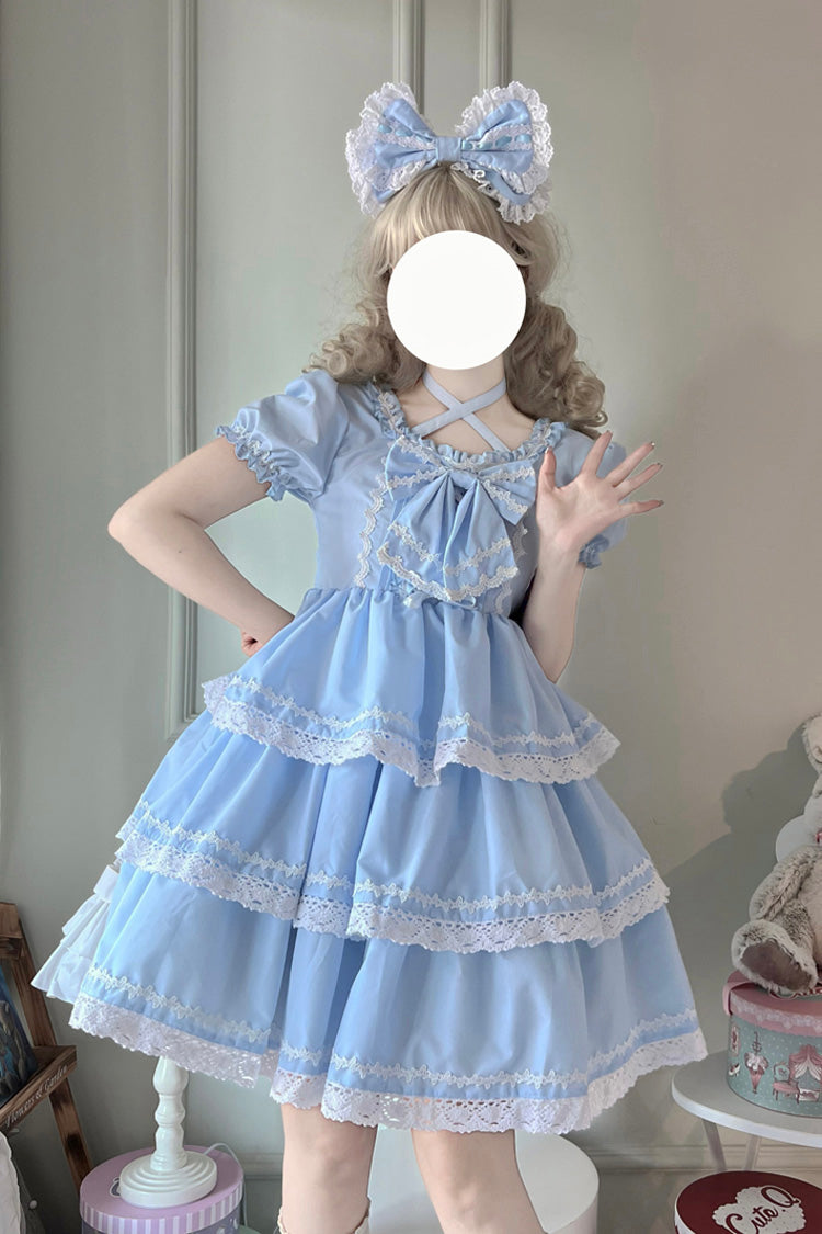 Blaues süßes Lolita-Kleid mit dreilagigen abnehmbaren Ärmeln, Schleife und Schnürung