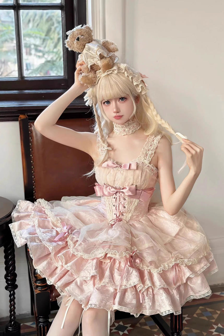 Pink Sleeveless Multi-layer Ruffle Bowknot Lace-Up Sweet Princess Lolita Jsk Dress