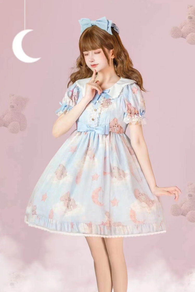 Süßes Lolita-Kleid mit Stern-Wunschbär-Aufdruck, kurzen Ärmeln und Schleife, 2 Farben