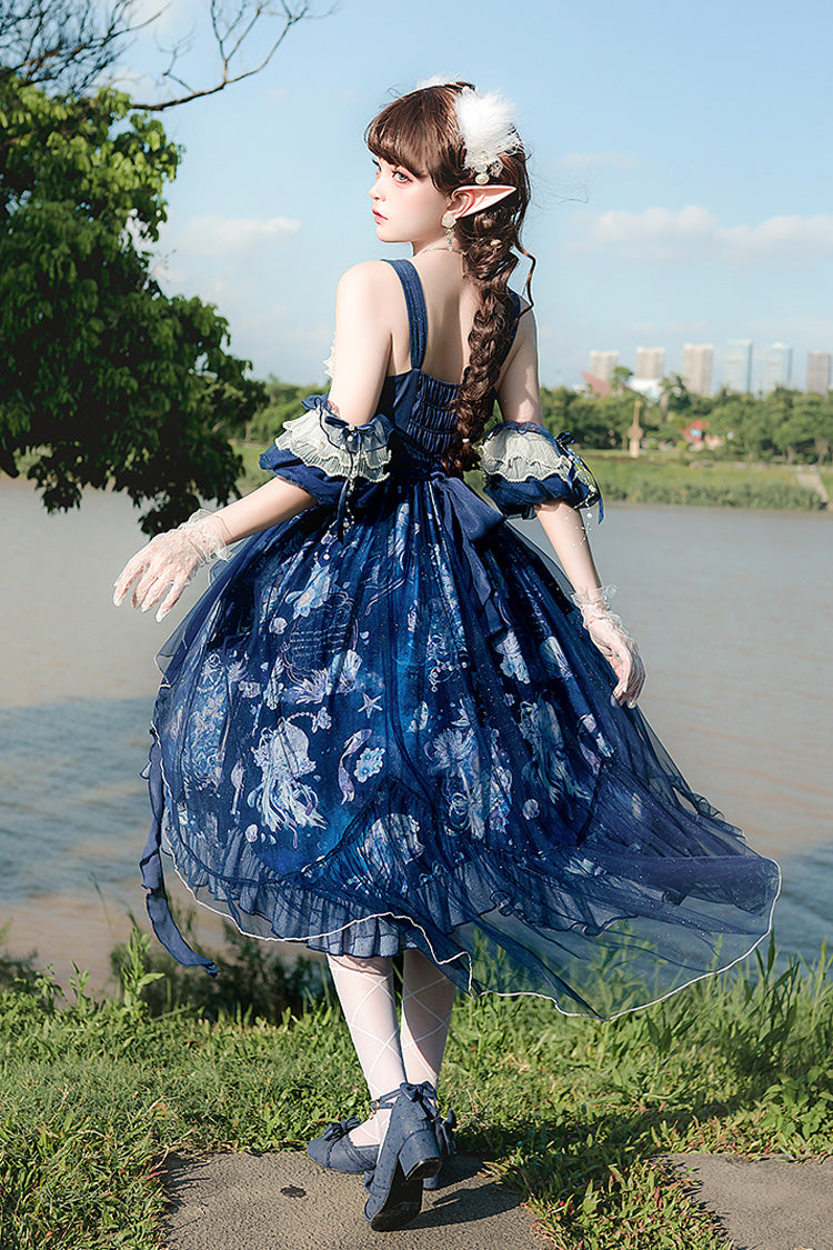 Blue [Deep Sea Jellyfish] Print Ruffle Lace Sweet Elegant Lolita Jsk Dress