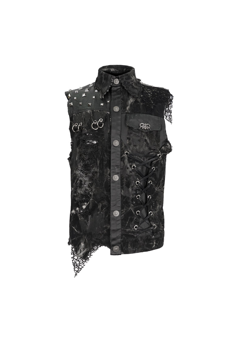 Black Loose Non-Stretch Tie-Dye Decadent Snatched Skull Sheep Head Decoration Men's Punk Vest