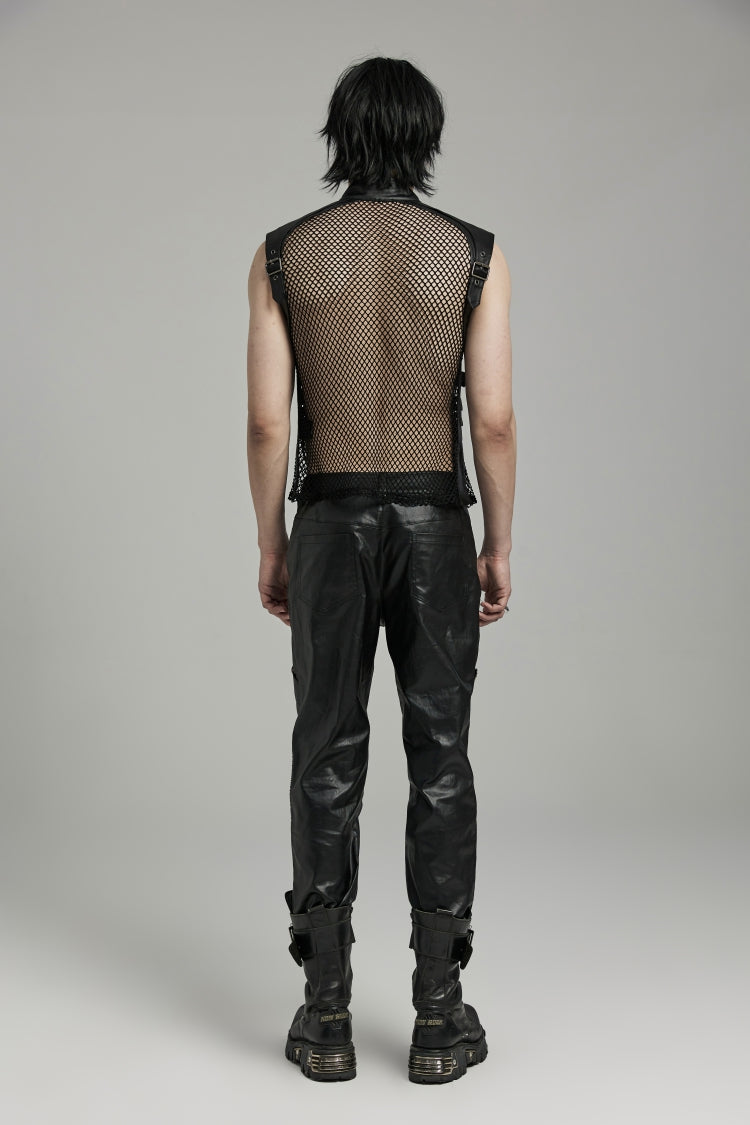 Black Multi-buckles Hollow Mesh Faux Leather Men's Punk Vest