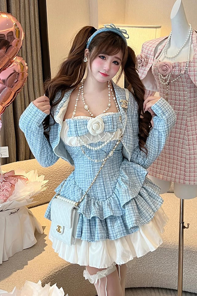 Camellia Blue Miss Plaid Print Ruffle Bowknot Sweet Lolita Dress