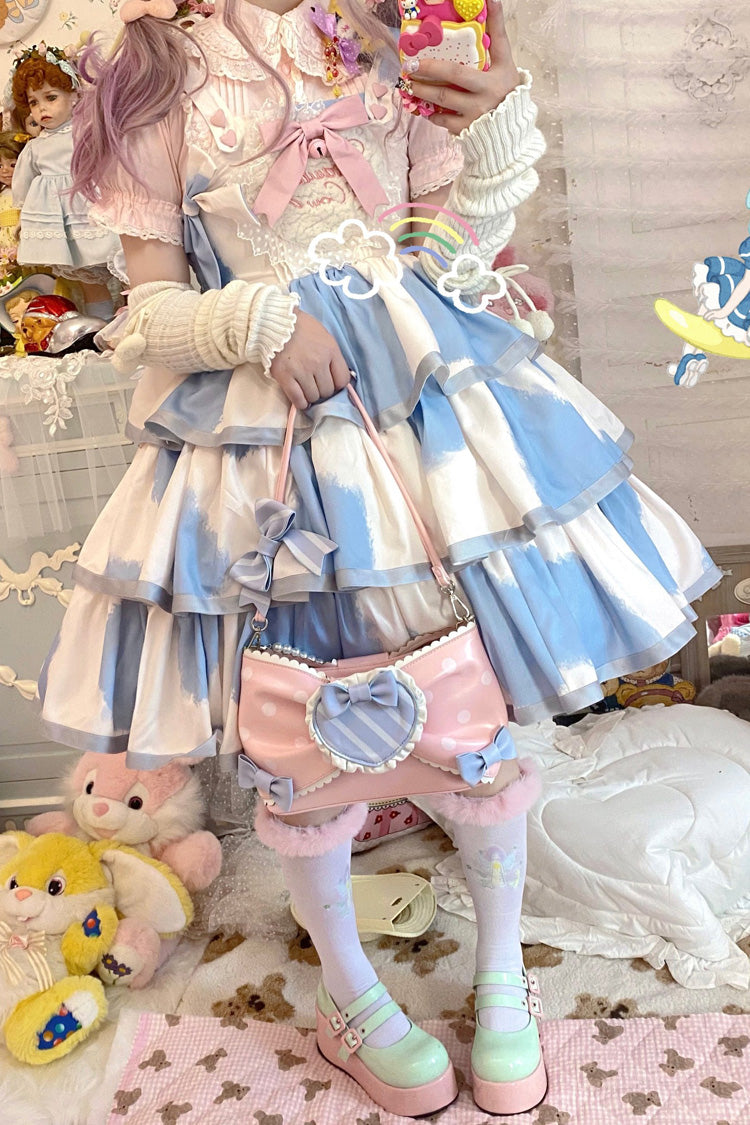 Blue Sleeveless Triple-Layered Cow Print Ruffle Bowknot Sweet Lolita Jsk Dress