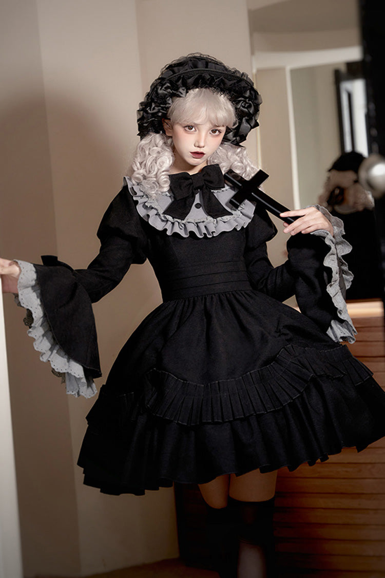 Schwarzes [Chapter of the Night] Gothic Lolita Kleid mit langen Hime-Ärmeln, Rüschen und Schleife