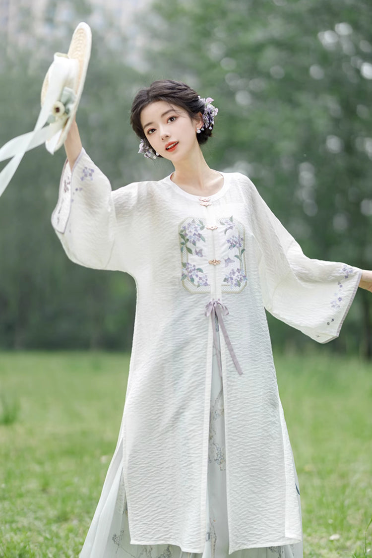 White Round Collar Print Embroidery Women's Chinese Style Elegant Hanfu Dress Two Piece