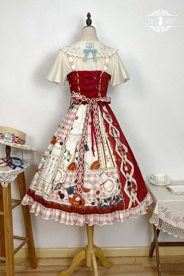 Red [Tea Party] Print Ruffle Bowknot Lace Sweet Elegant Lolita Jsk Dress