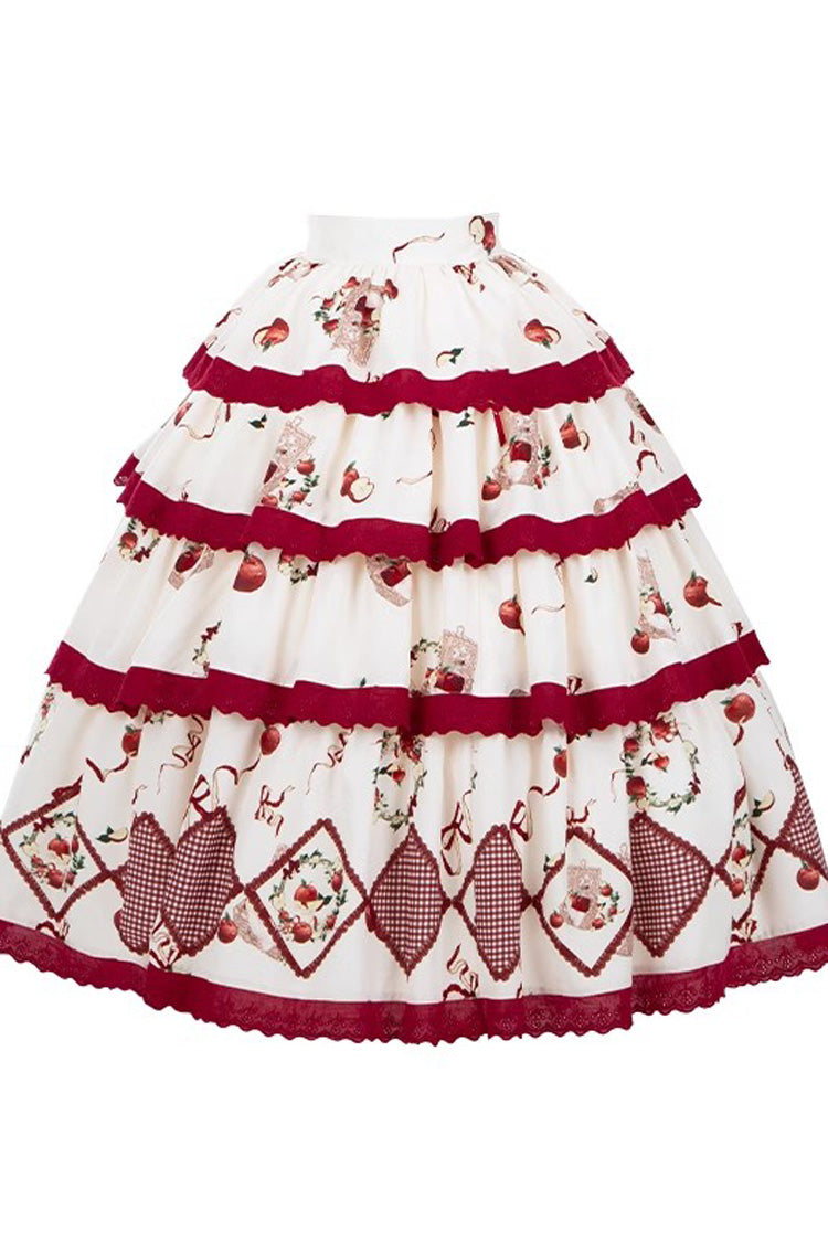 Red/Beige Triple-Layered [Apple Orchard] Print Ruffle Embroidery Sweet Lolita Long Skirt