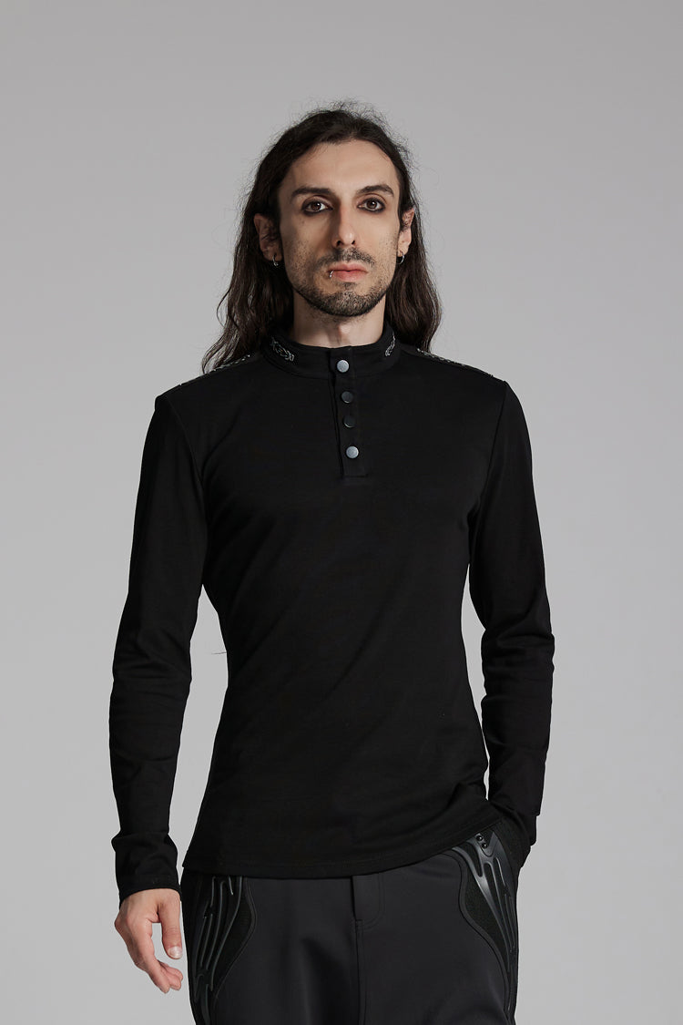 Black Stand Collar Long Sleeves Men's Punk Military T-Shirt