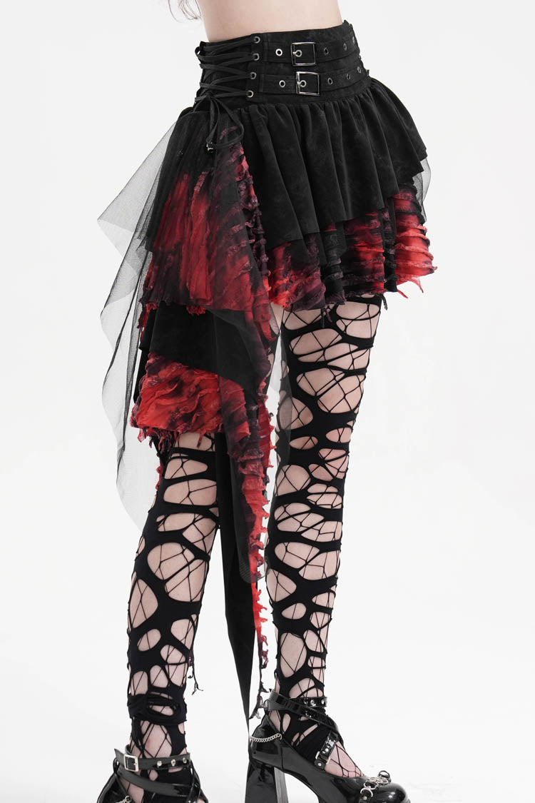 Black/Red Stitching Irregular Mesh Women's Gothic Skirt