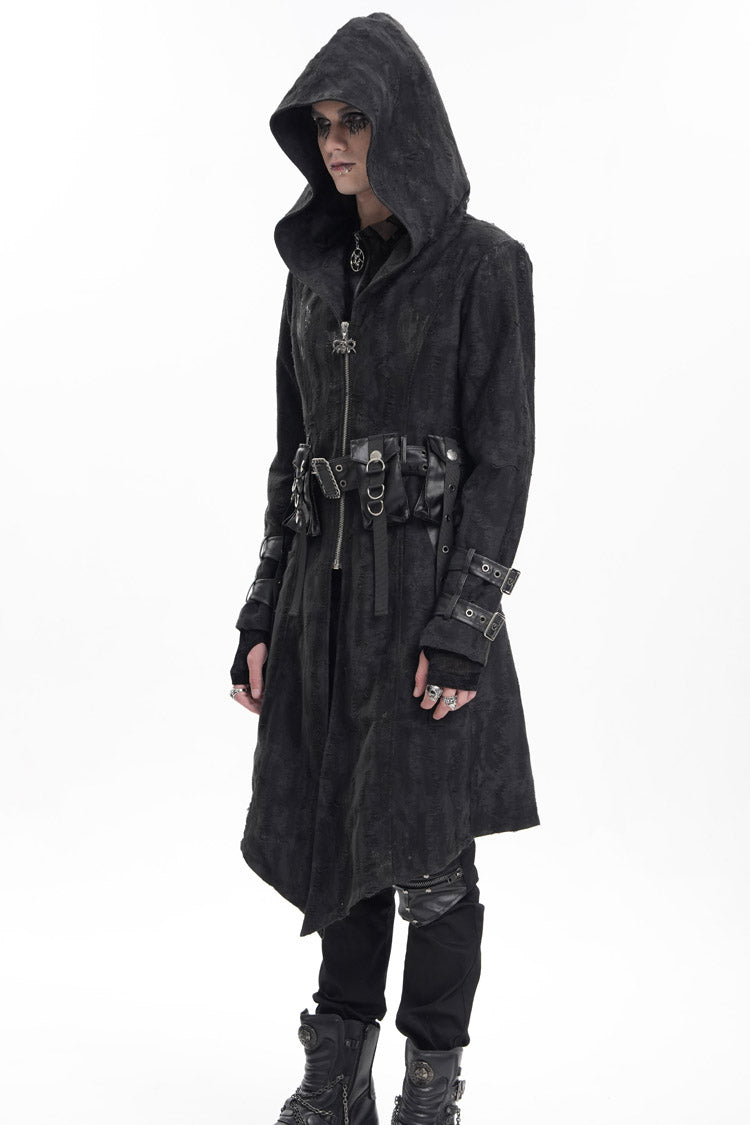 Black Buckle-up Eyelets Long Sleeves Hooded Men's Gothic Jacket