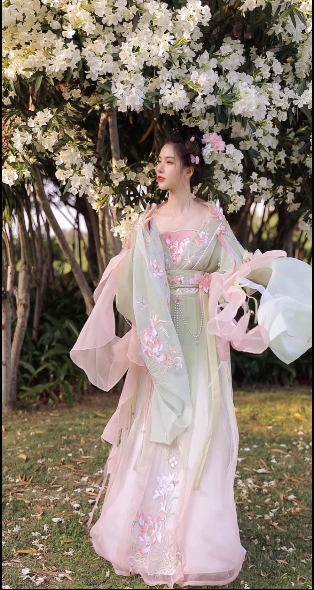 Wunderschöne Stickerei mit Perlen-Accessoires süßes Hanfu-Kleid für Damen, kompletter Satz in 3 Farben