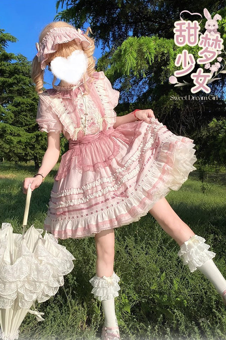 Pink Rabbit Print Sweet Dream Girl Short Sleeves Ruffle Bowknot Stitching Lace Lolita Dress