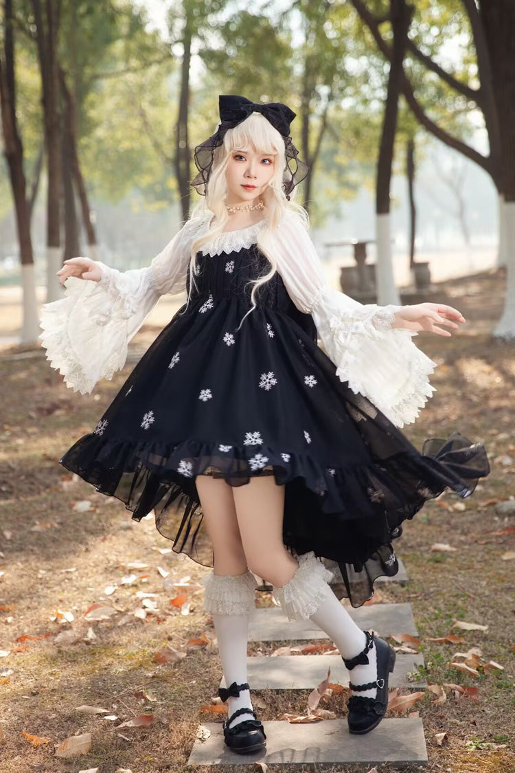 [Feather Snowflake Embroidery] Print Sleeveless Ruffle Bowknot Sweet Lolita Jsk Dress 3 Colors