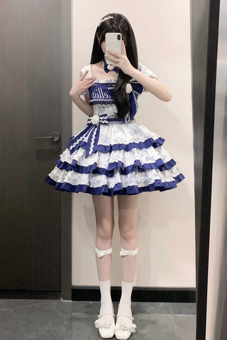 Blue/White Porcelain Print Multi-layer Ruffle Embroidery Bowknot Sweet Lolita Dress