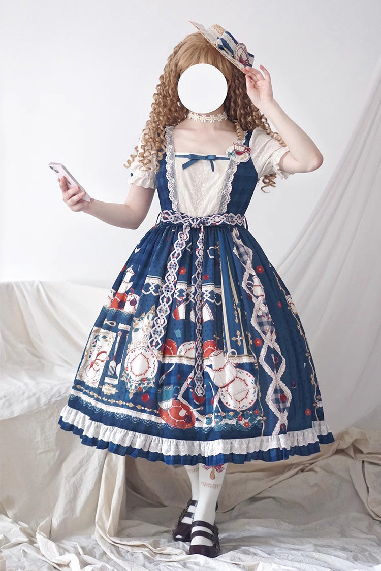 Dark Blue [Tea Party] Short Sleeves Print Ruffle Bowknot Lace Sweet Elegant Lolita Dress