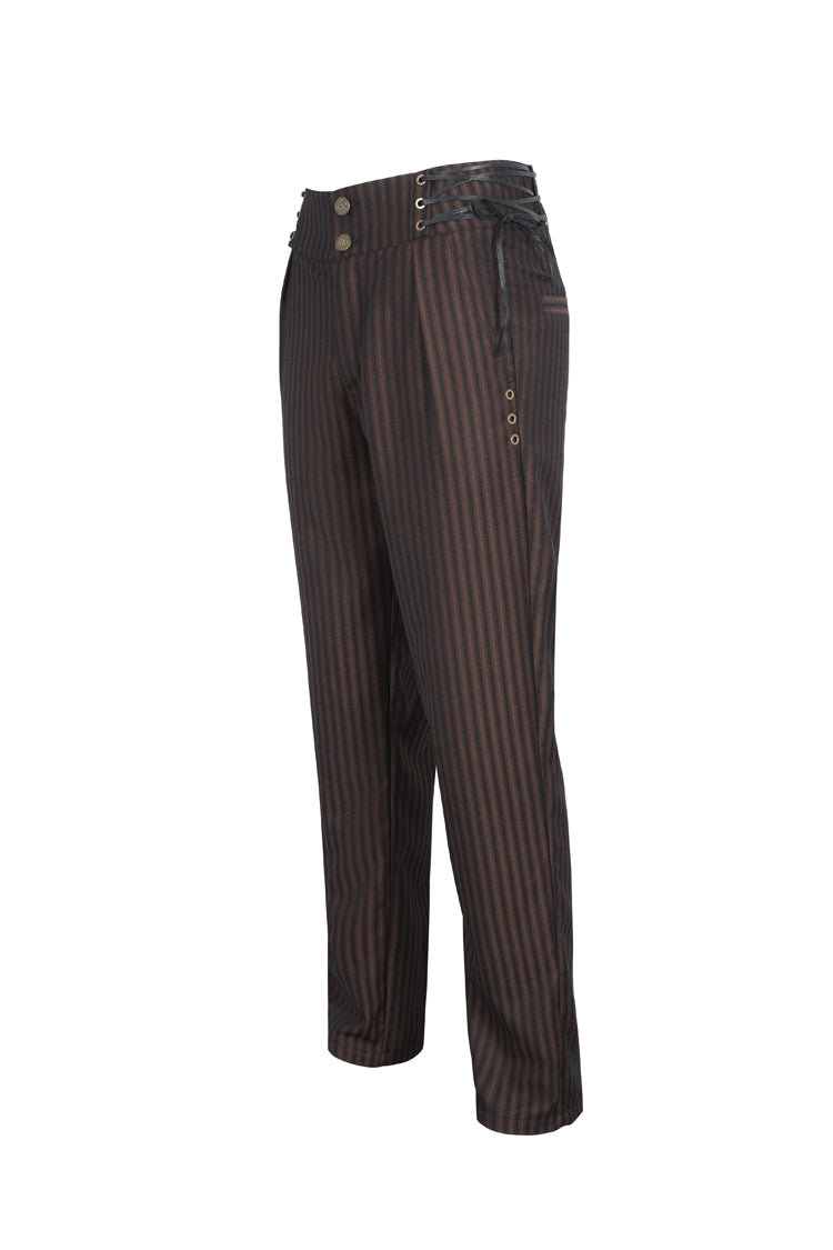 Brown High Waisted Lace-Up Striped Men's Gothic Pants