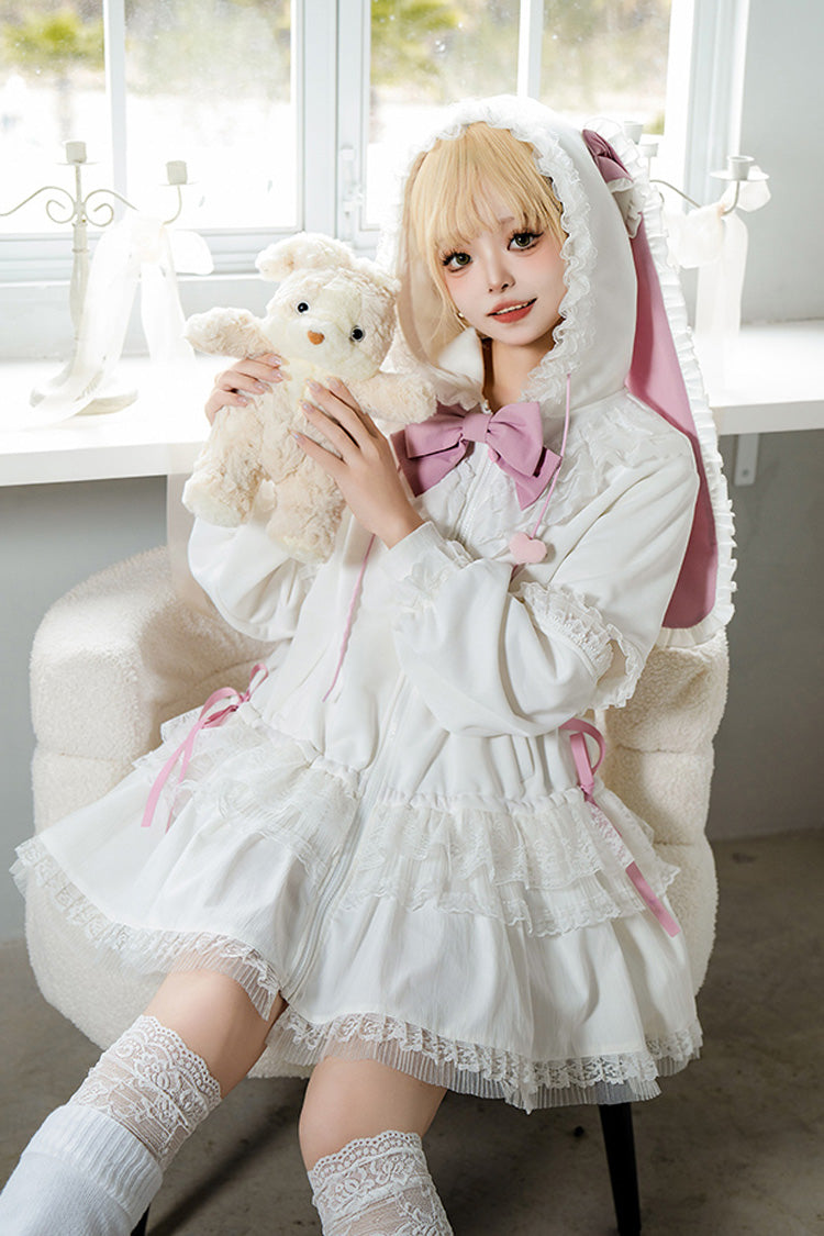 White Rabbit Ears Hooded Bowknot Lace Sweet Lolita Coat Set