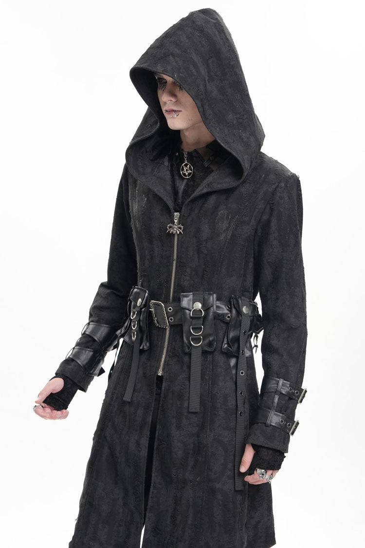 Black Buckle-up Eyelets Long Sleeves Hooded Men's Gothic Jacket