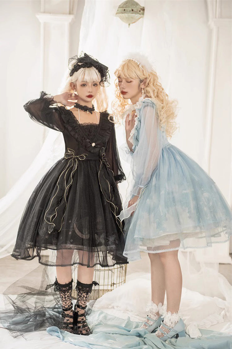 Blue High Waisted Planet Butterfly Print Ruffle Lace Sweet Lolita Dress