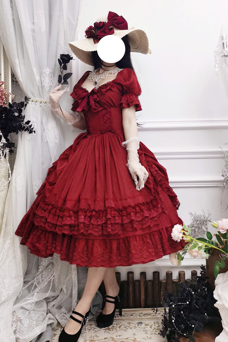 Rotes, kurzes Lolita-Kleid mit Puffärmeln, mehrlagiger Rüschenschleife und klassischem Vintage-Stil