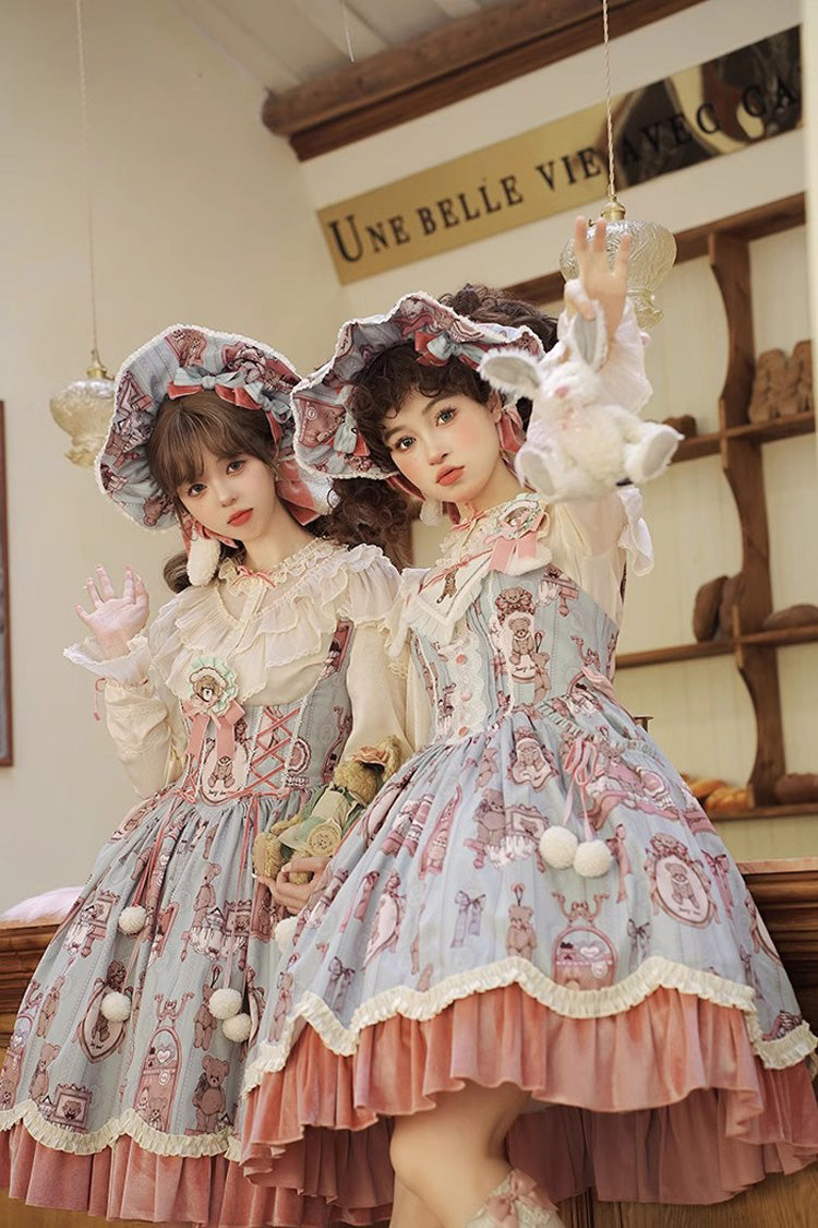 Pink/Green Bear Doll Wall Print Breast Support Ruffle Embroidery Bowknot Sweet Lolita Dress