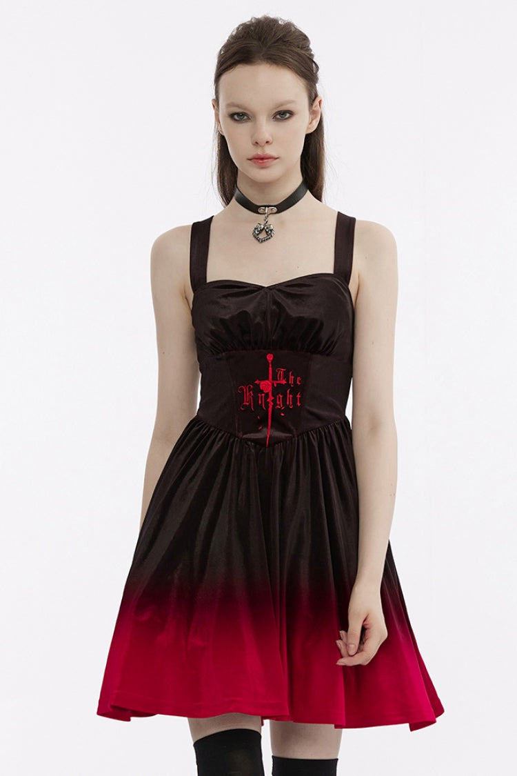 Schwarz/Rot Ärmelloses Gothic-Kleid mit Farbverlauf und Rüschenstickerei für Damen