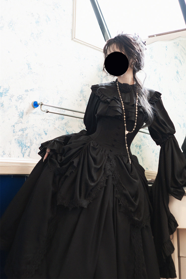 Black [Sleepwalking] Long Hime Sleeves Stitching Lace Plus Size Gothic Elegant Lolita Skirt Set