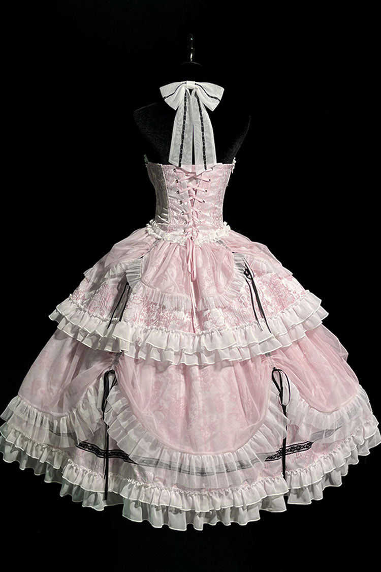 Rosa Kreuz Neckholder Rüschen Bowknot Spitze Schnürung Prinzessin Sweet Lolita Kleid