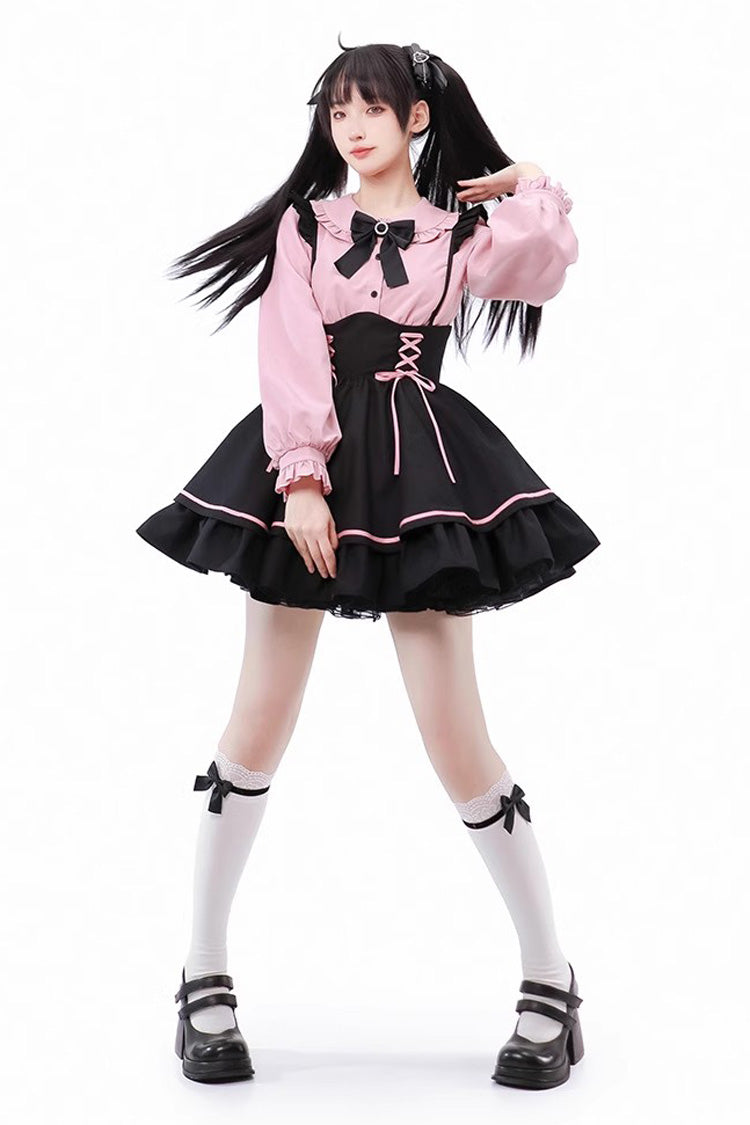Black/Pink First Sakura Long Sleeves Multi-layer Lace-Up Sweet Jirai Kei Japanese Set