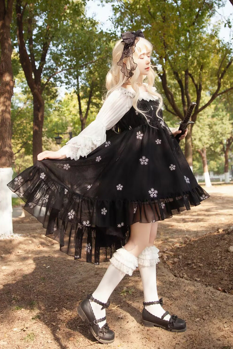 [Feather Snowflake Embroidery] Print Sleeveless Ruffle Bowknot Sweet Lolita Jsk Dress 3 Colors