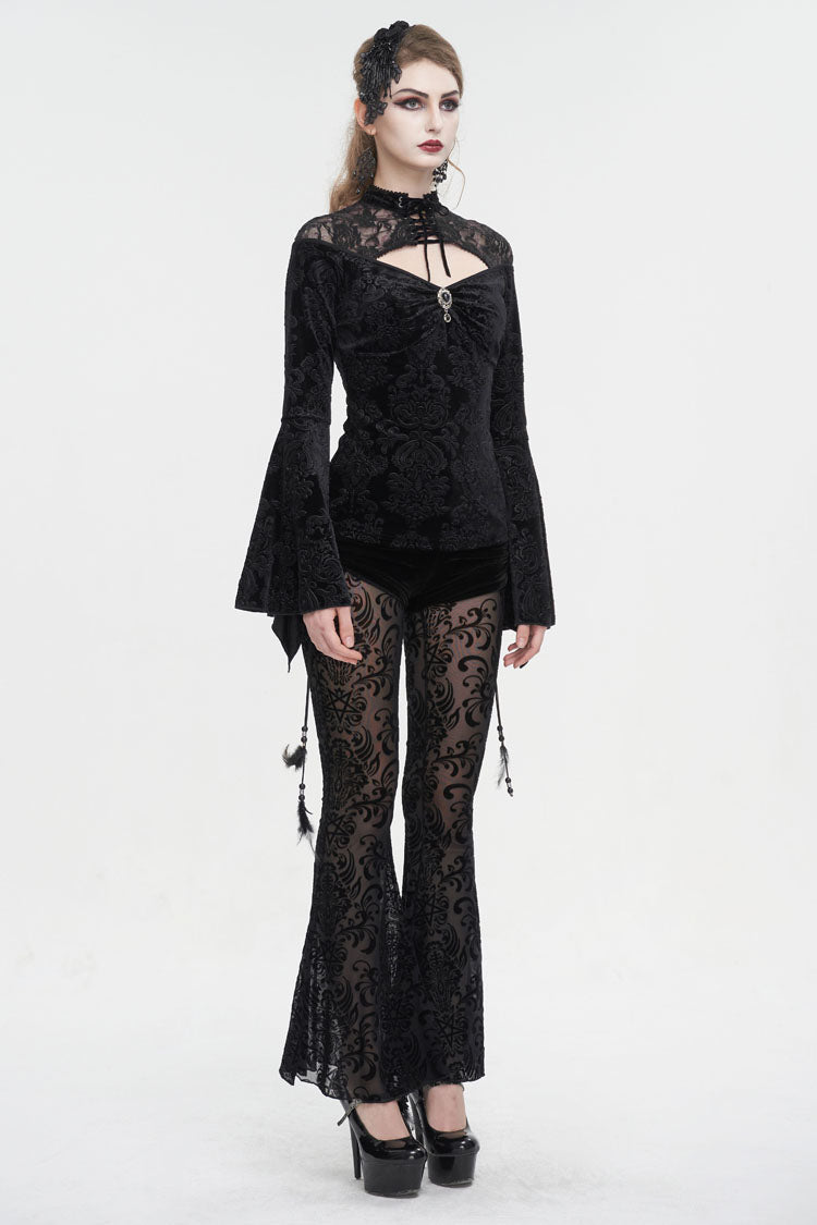 Black Lace Cutout Round Collar Flared Sleeved Floral Embossed Women's Gothic Shirt