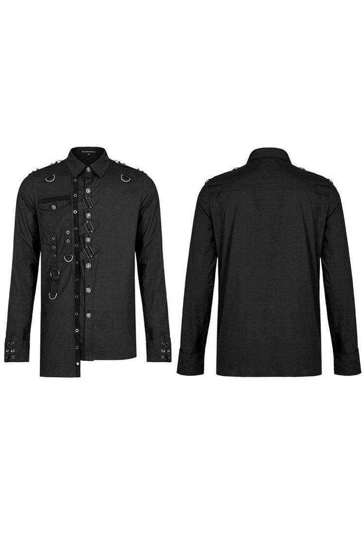 Black Punk Asymmetric Hem Personality Metal Buckle Decorative Soft Long Sleeve Men's Shirt