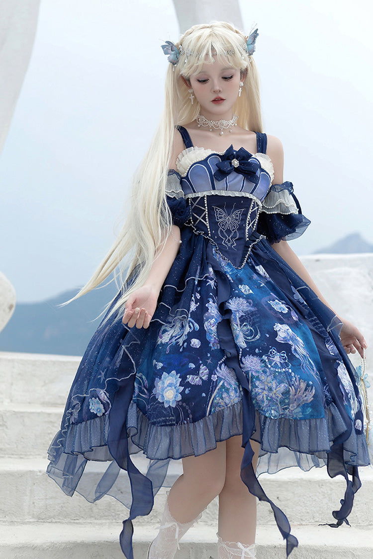 Blue [Deep Sea Jellyfish] Print Ruffle Lace Sweet Elegant Lolita Jsk Dress