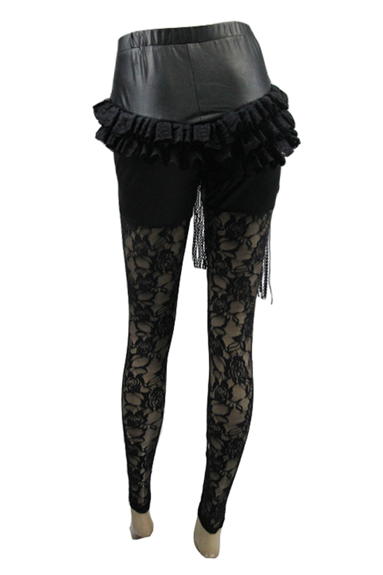 Black Knitted Base Cloth Rose Flower Net Material Asymmetric Lace Hip Transparent Women's Gothic Leggings