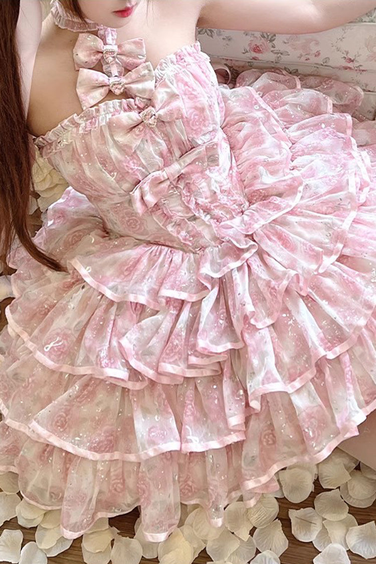 Pink [Broken Silver Rose] Halterneck Sleeveless Multi-Layered Ruffle Bowknot Sweet Princess Lolita Tiered Dress