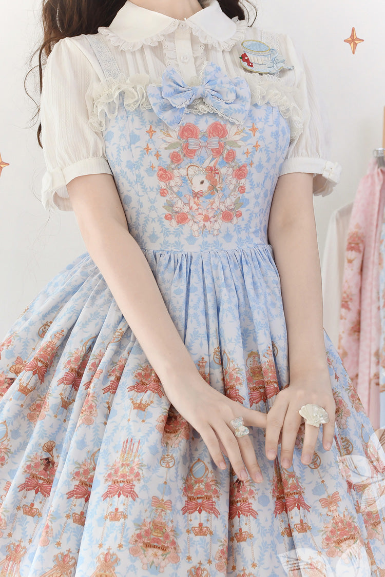 Blue [Rose Garden Rabbit] Print Ruffle Bowknot Sweet Lolita Dress