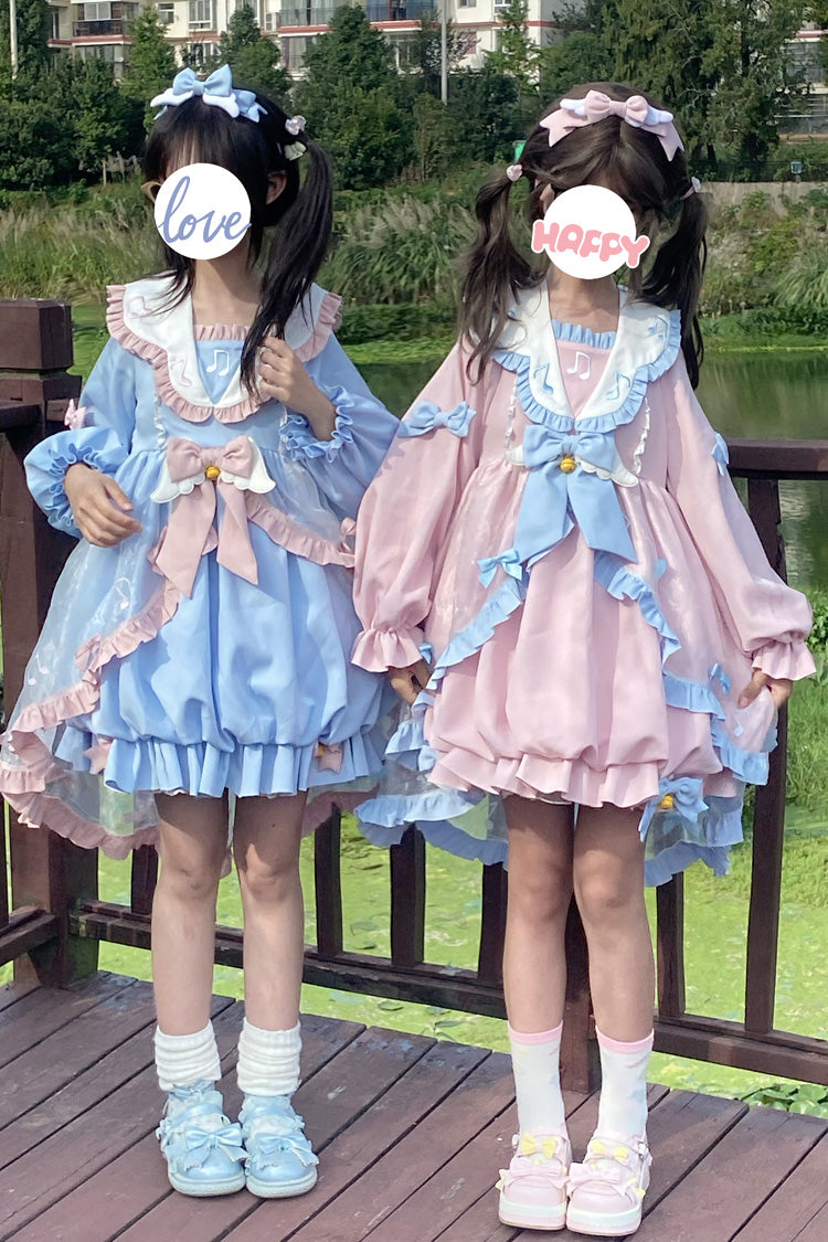 Blue Long Sleeves Music Notes Print Ruffle Bowknot Lace Sweet Lolita Dress