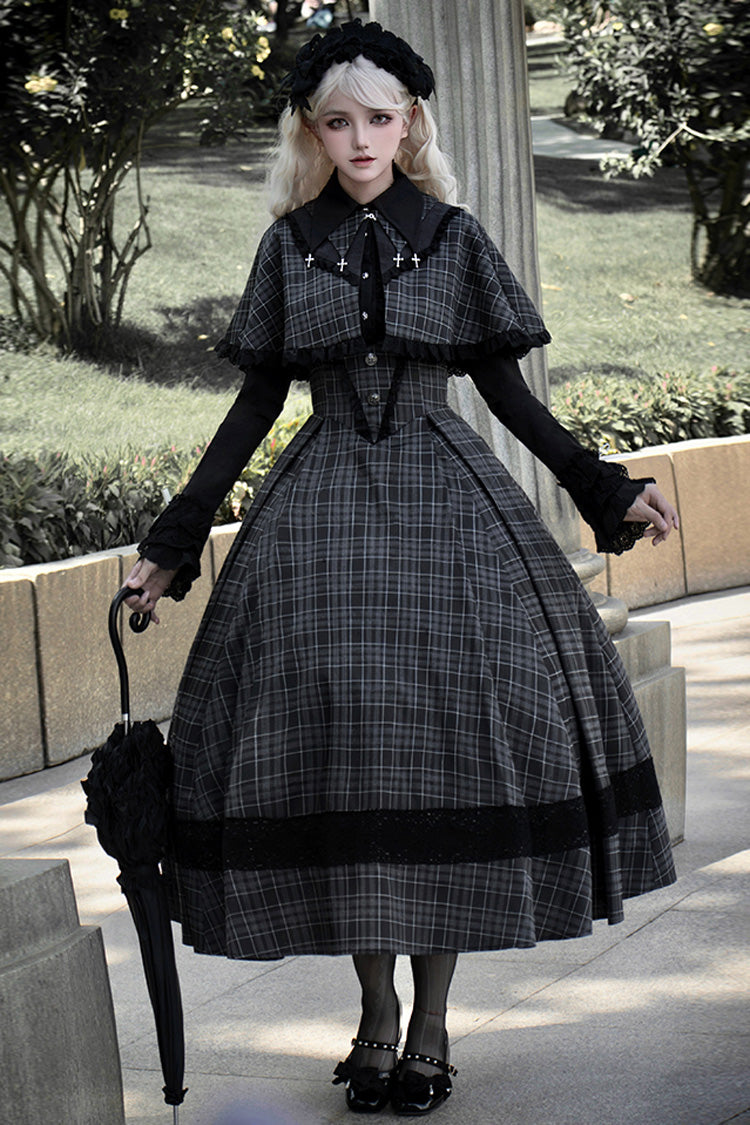 Schwarzes Gothic Lolita Kleid mit Rüschen und Karomuster und Bruststütze