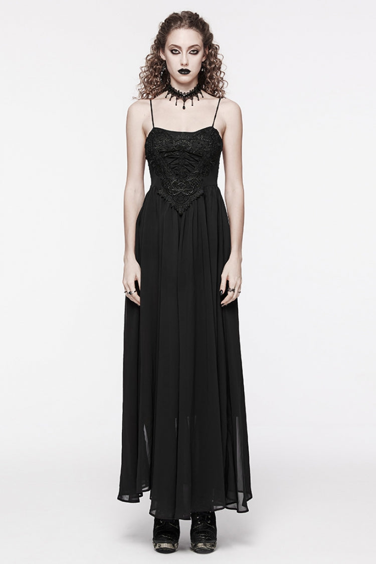 Black Floral Embroidery Lace-Up Women's Gothic Slip Dress