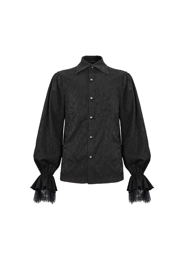 Black Lapel Collar Puff Sleeved Lace Hem Men's Gothic Shirt